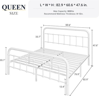 Allewie Queen Size Metal Platform Bed Frame with Victorian Style Wrought Iron-Art Headboard/Footboard, No Box Spring Required, White