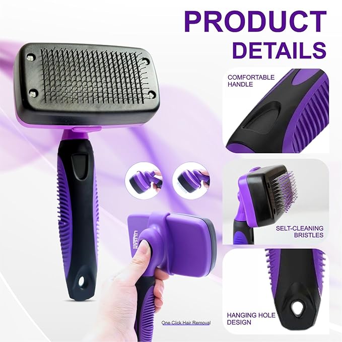Pet Self Cleaning Slicker Brush and Grooming Comb - Gently Removes Loose Hair, Tangles, and Dirt - Skin Friendly Deshedding Grooming Tool for Hair Dogs & Cats - Pet Supplies Accessories (Purple)-Mewly Pet