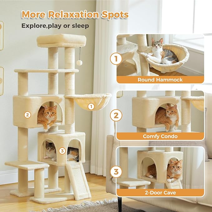 PAWZ Road Cat Tree, 51.6 Inches Cat Tower with Dual Condos, Spacious Perch, Cozy Basket and Sisal-Covered Scratching Posts for Indoor Cats- Beige-Mewly Pet