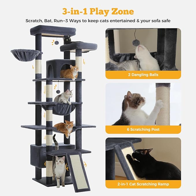 81" Heavy Duty Cat Tree for Large Cats up to 20lbs - Extra Tall Cat Tower with Metal Frame Hammock, 6 Sisal Scratching Posts, 2 Perches - Indoor Cat Furniture for Maine Coon, Dark Gray-Mewly Pet