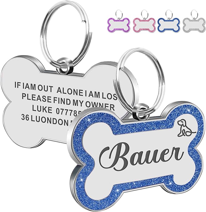 Dog Tags Personalized for Pets Dog Name Tags Personalized Dog Tag Engraved with Any Name & Text Custom Dog ID Tags Glitter Bone ID Tag for Puppy Cat (Blue L, Bone)-Mewly Pet