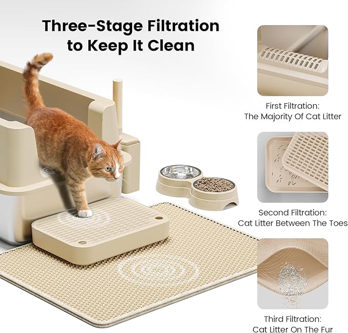 Stainless Steel Cat Litter Box - Enclosed XL Metal Kitty Litter Box with Lid for Big Cats, High Sided, Anti-Leakage, Easy Cleaning, Non-Sticky, Included Spoon & Aisle (Khaki)-Mewly Pet