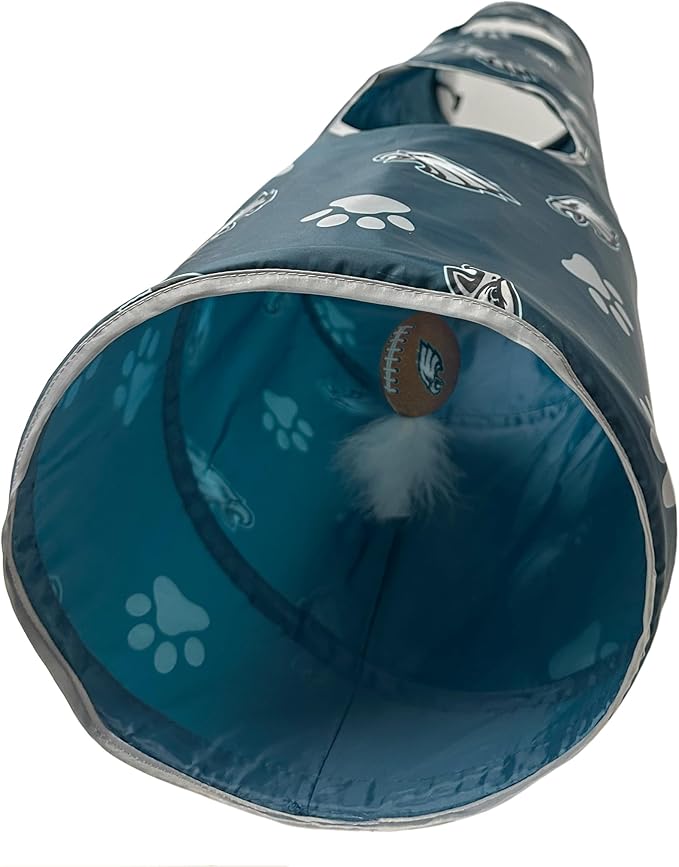 NFL Philadelphia Eagles Cat Tunnel Tube Toy with Plush Football Catnip and Feathers Collapsible Tunnel for Cats to Play, Peek and Hide, Sporty & Fun Cat Tunnel Toy with Team Logo All-Over Design!-Mewly Pet