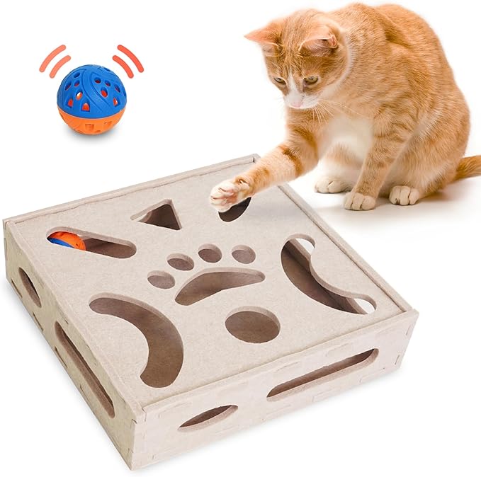 PETKARAY Felt Cat Puzzle Toy, Interactive Cat Toys for Indoor Cats, Interactive Maze for Kitten Felt Puzzle Box with Ball, Beige-Mewly Pet