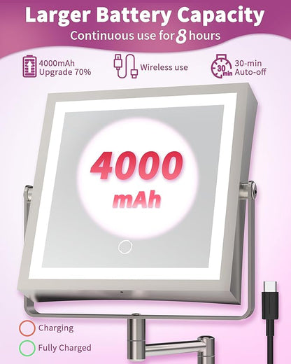 Rechargeable Wall Mounted Makeup Mirror with Lights, 4000mAh Double Sided 1X/10X Magnifying Vanity Mirror with 3 Color Lights, Touch Dimmable, 360° Extension Foldable Arm(Brushed Nickel）