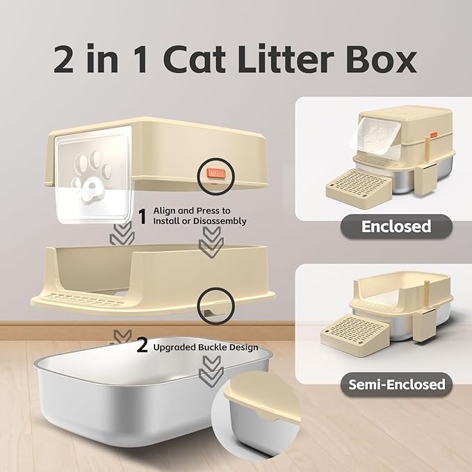 Stainless Steel Cat Litter Box with Lid, 3 in 1 Removable Litter Box for Big/Multiple Cats, High Sides Kitty Litter Pan, Leak-Proof XL Extra Large Enclosed Metal Litter Pan Easy Clean with Scoop & Mat-Mewly Pet