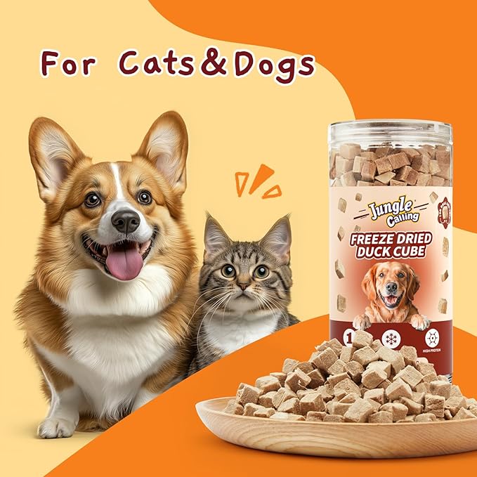 Jungle Calling Freeze Dried Cat Treats, 9.17 oz Single Ingredient Duck Meat for Cats Puppy Dogs, High Protein Food Topper Cube Healthy Dog Treat, Rawhide Free Snacks for Training Bites-Mewly Pet