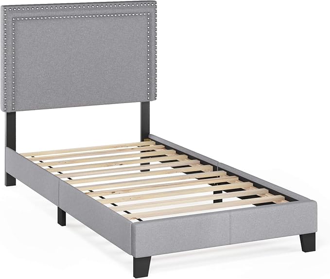 Furinno Laval Double Row Nail Head Upholstered Platform Bed Frame, Twin, Glacier