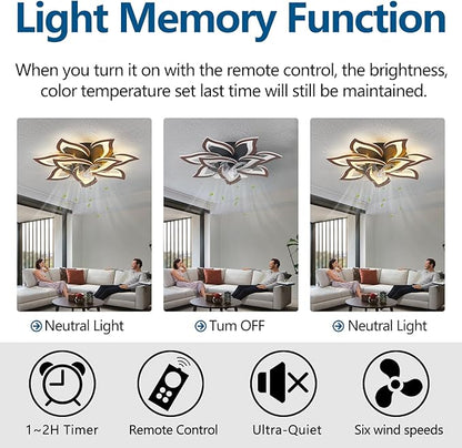 Modern Ceiling Fan with Lights Remote Control, 32" Wood Ceiling Fan with Light, 6 Speeds 3 Light Color Low Profile Flush Mount Ceiling Fan for Kitchen Bedroom