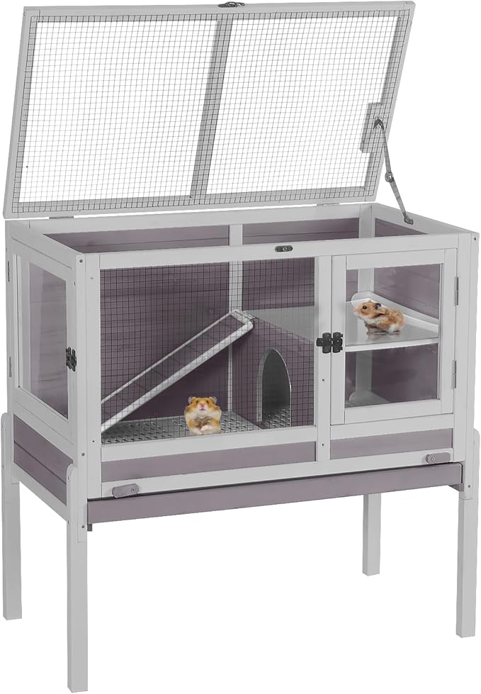 Aivituvin Wooden Guinea Pig Cages Indoor with Removable Stand, Anti Chewing Rabbit Hutch with Ramp and Wire Mesh, 2 Story Small Animals House Habitat with Pull Out Tray (Gray&Purple)-Mewly Pet