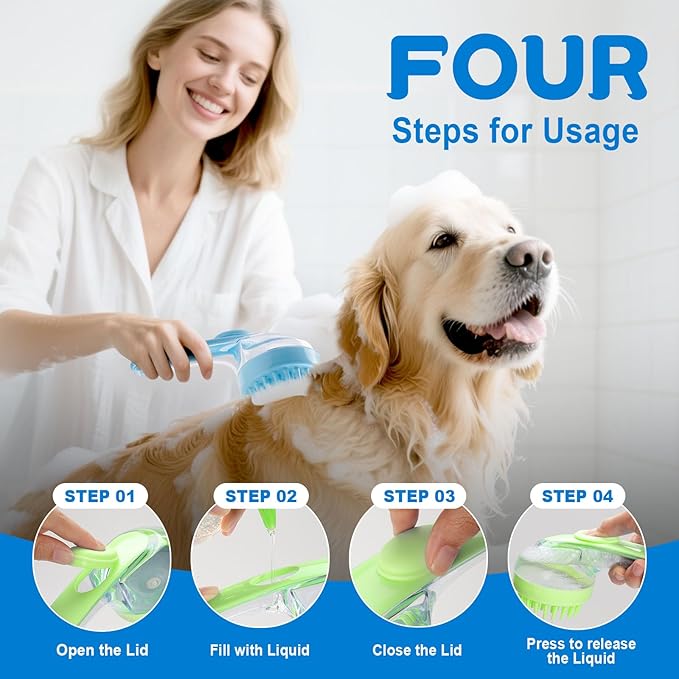 Dog Bath Brush, Silicone Pet Bath Brush with Soap Dispenser,Deep Cleansing & Gentle Massage for Dogs & Cats, Suitable for Long & Short Hair, Easy Grip, Bathing & Grooming(Green)-Mewly Pet