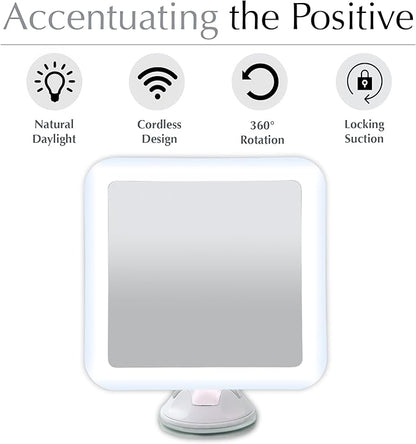 Fancii 10X Magnifying Lighted Makeup Mirror - Daylight LED Vanity Mirror - Compact, Cordless, Locking Suction, 6.5" Wide, 360 Rotation, Portable Illuminated Bathroom Mirror (Square)