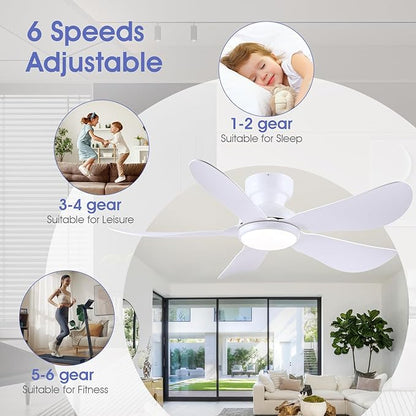 46 Inch Modern Ceiling Fans with Lights, Flush Mount Ceiling Fan with Light and Remote/APP Control, 5 Reversible 6 Speeds Curved Blades, 3 CCT Dimmable Lights for Bedroom, White