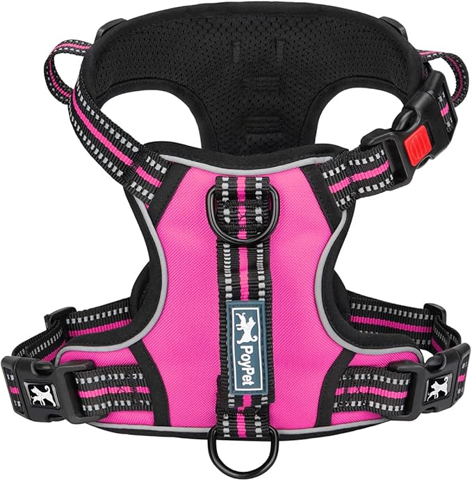 PoyPet No Pull Dog Harness, No Choke Front Clip Reflective Dog Vest with Soft Padded Vertical Handle, 3 Leash Attachments for Small Medium Large Dogs (Pink,XL)-Mewly Pet