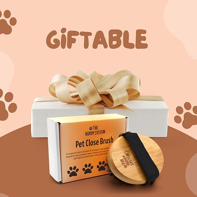 The Buddy System Pet Close Brush, Soft Touch Oval Palm Brush - Bamboo Massage Handheld with Soft Boar Bristles and Elastic Band for Dogs and Cats 2 Pack-Mewly Pet