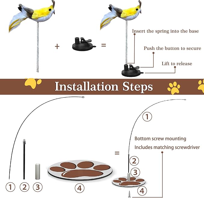 Interactive Cat Toy for Indoor, Includes Metal Base, Suction Cup Cat Base, Cat Wand,Bird Simulation Toys and Feather Toy, Set of 7 PCS-Mewly Pet