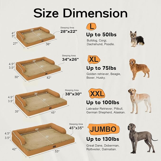 Large Dog Bed Orthopedic Washable, Orthopedic Dog Beds for Large Dogs, Washable Cover Removable Bolster and Non-Slip Bottom Pet Beds, XL XLarge Extra Large Dogs - Orange-Mewly Pet