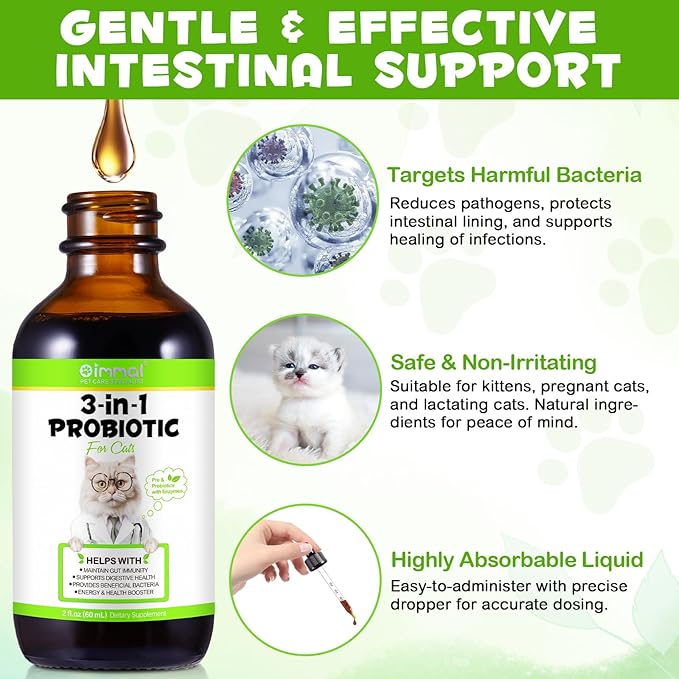 3 in 1 Probiotics for Cats, Cat Digestive Support,Daily Digestive Health Supplement with Multiple Strains of Bacteria Help with Diarrhea,Gas and Bloating, Cat Herbal Supplements- 60ml-Mewly Pet