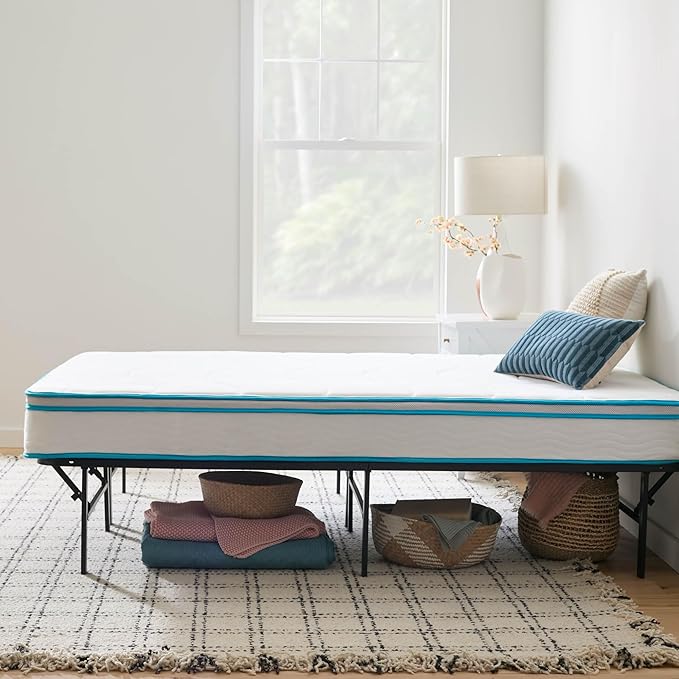Linenspa 8” Memory Foam and Innerspring Hybrid Mattress + 14” Black Metal Platform Bedframe – Twin XL Mattress + Metal Folding Twin XL Bedframe