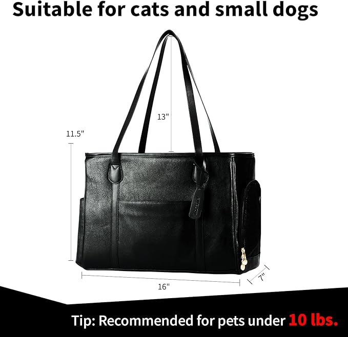 Stylish Dog Purse Carrier, Leather Pet Carrier Bag for Small Dogs Cats Puppy, Airline Approved Soft-Sided Carrier Black-Mewly Pet