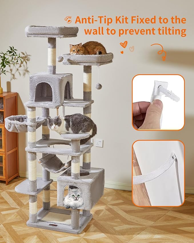 Taoqimiao Cat Tree, 71-Inch Cat Tree Cat Tower for Indoor Cats, Plush Multi-Level Cat Condo with 10 Scratching Posts, 2 Perches,Basket, 2 Caves,Hammock, 2 Pompoms,MS020W Light Gray-Mewly Pet