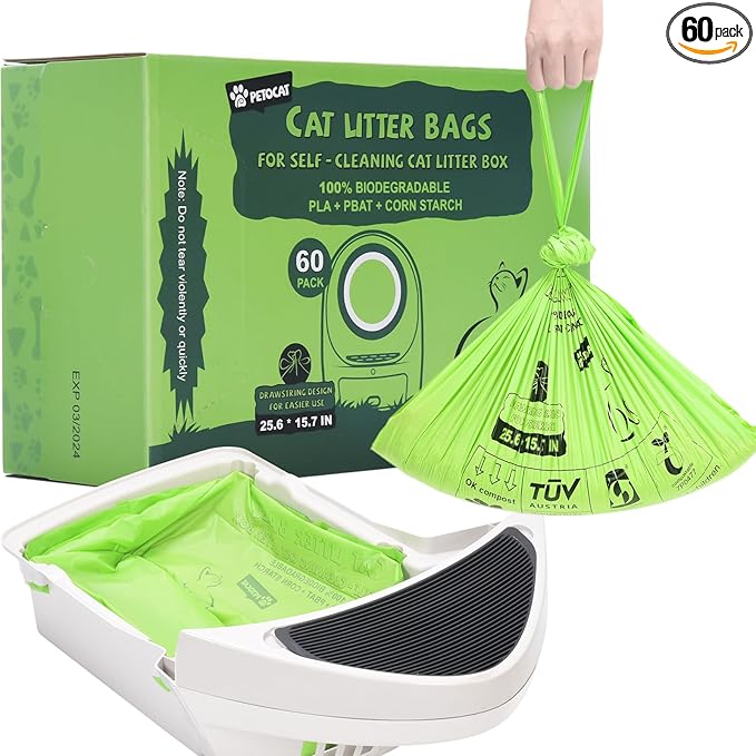 Biodegradable Cat Litter Liner Bags Compatible with LR 3, 4 and Most Self-Cleaning Litter Boxes, 60 Count Kitty Automatic Waste Drawer Liners, Drawstring Pet Compostable Replacement Poop Bags-Mewly Pet