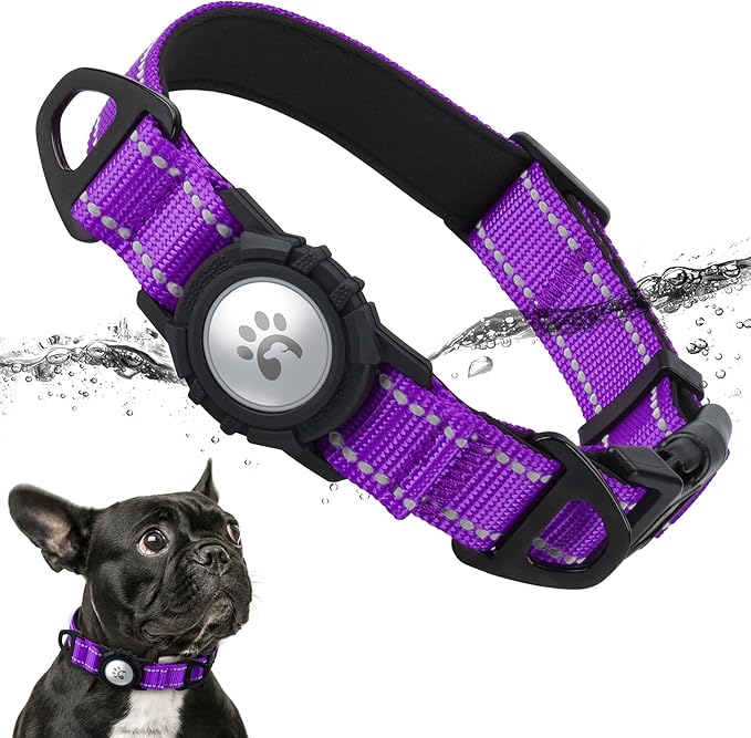 TagME Airtag Dog Collar,Waterproof Reflective Pet Collar with Airtag Holder,Soft Padded and Double D-Rings for Puppy,Purple-Mewly Pet