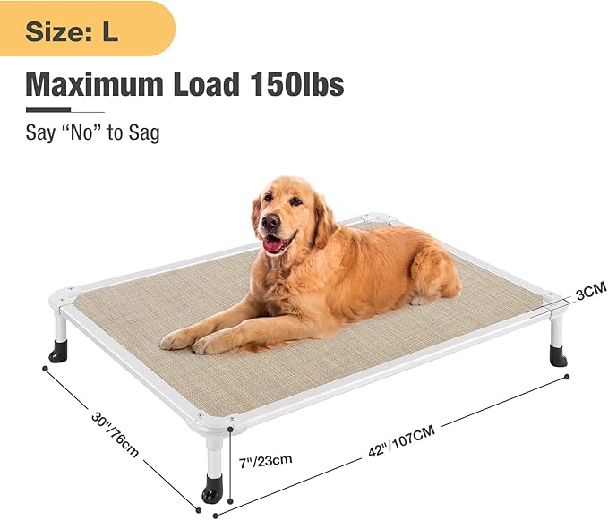 Veehoo Chew Proof Elevated Dog Bed - Cooling Raised Pet Cot - Silver Aluminum Frame and Durable Textilene Mesh Fabric, Unique Designed No-Slip Feet for Indoor or Outdoor Use, Beige Coffee, Large-Mewly Pet