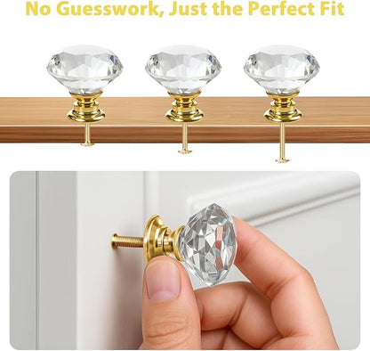 DEELF 26 Packs Kitchen Cabinet Knobs, 30 mm Crystal Cabinet Knobs Diamond Dresser Handle Drawer Pulls, Dresser Knobs for Cabinets and Drawers, Gold Base