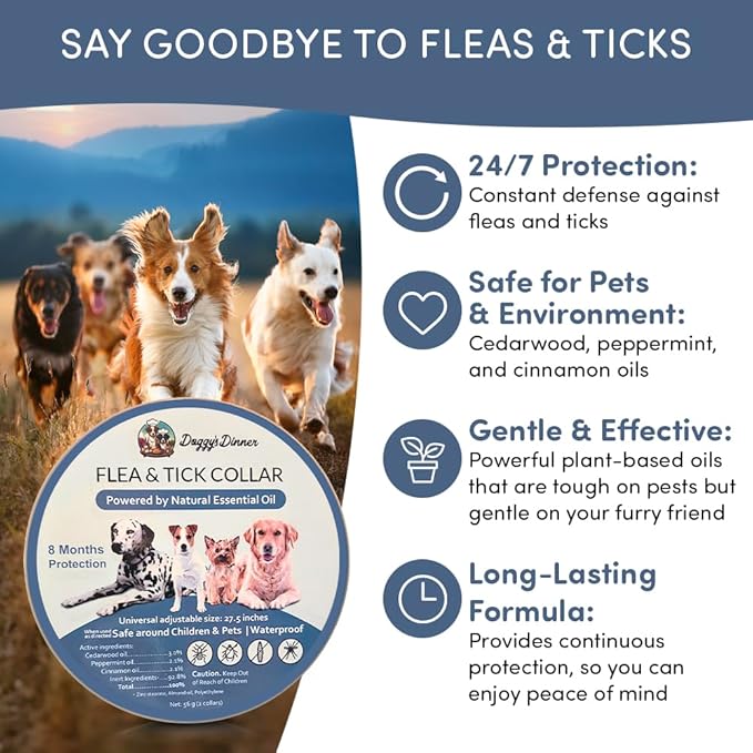 Flea and Tick Collar for Dogs, Cats – Natural Essential Oils – Long-Lasting 8 Month Protection – Waterproof, Adjustable – Safe for Puppies, Kittens, Sensitive Skin-Mewly Pet