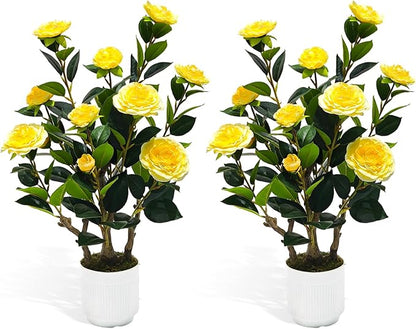 2Pack Artificial Camellia Tree, 2FT Fake Tree Blooming Camellia Flower Plant for Spring Home Front Door Outdoor Indoor Decoration,Yellow