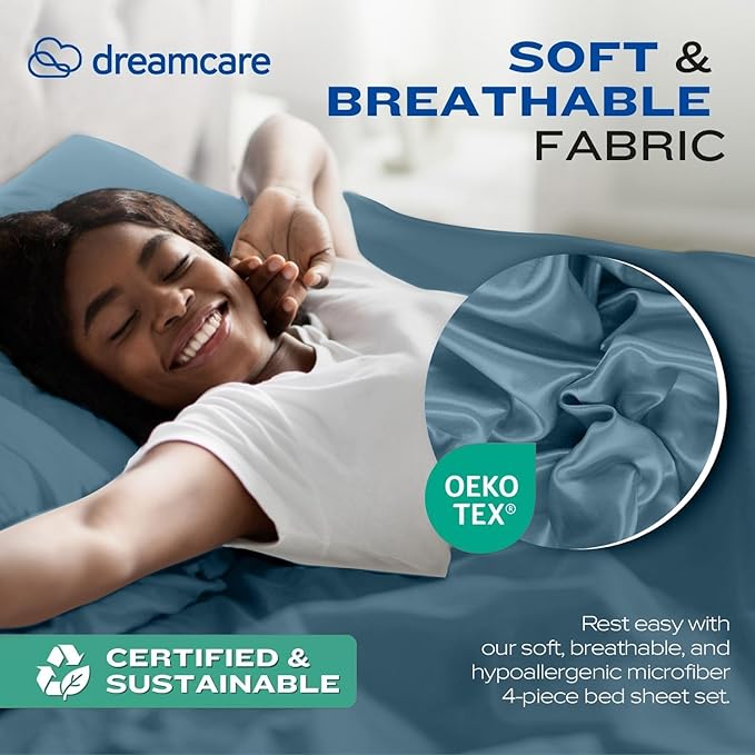 DREAMCARE Full Size Sheets Set - 4 Pcs Cooling Bed Sheets with Up to 15" Deep Pockets - Soft, Long-Lasting 100% Brushed Polyester with Side Pocket (Mineral Blue)