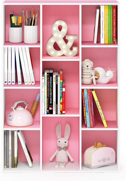 Furinno LUDER Book Shelf, 11-Cube Bookshelf, Reversible Bookcase, 9.4" x 29.1" x 41.7", for Living Room, Bedroom, Home Office, White/Pink