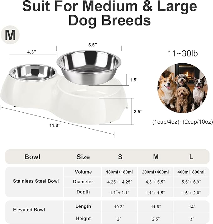 Double Dog Bowls Set – Non-Slip Pet Food & Water Dishes with Resin Stand, Includes Small (1 Cup) & Medium (2 Cups) Bowls – Ideal for Puppies, Cats, and Medium Dogs – White-Mewly Pet