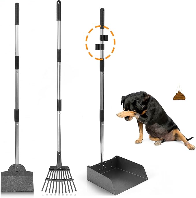 Dog Pooper Scooper, Adjustable Handle Poop Scooper with Tray,Rake and Spade Set of 3, Steel Stainless Poop Scoop for Medium Large Dogs and Pet Waste on Grass, Dirt and Gravel (Large Size)-Mewly Pet
