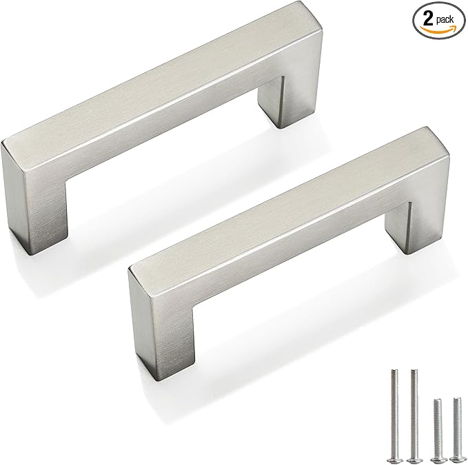 Cabinet Pulls Brushed Nickel Cabinet Handles Square Drawer Pulls, 2 Pack 3 Inch Stainless Steel Kitchen Door Cupboard Cabinet Handles, Cabinet Hardware Drawer Handles, 76mm Hole Centers
