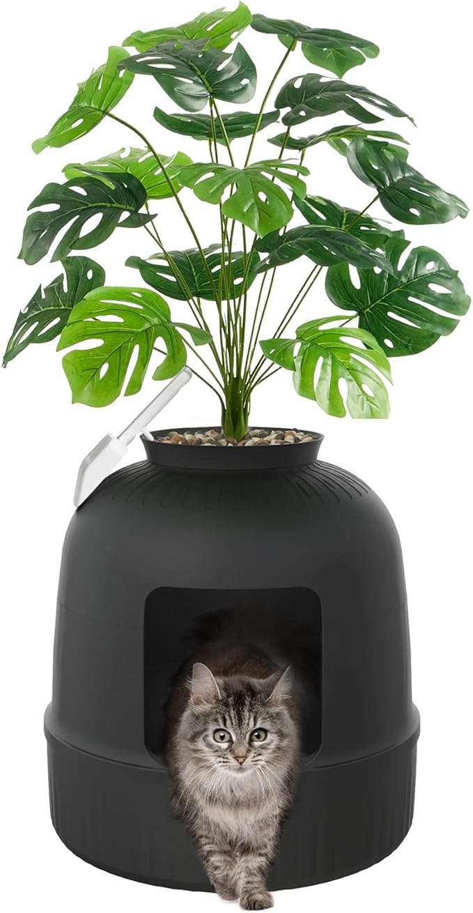 Lifewit Litter Box Cat with Faux Plant & Scoop, Hidden Enclosure Litter Tray with Odor Control & Carbon Filter in Living Room, Bedroom, Corner, Black-Mewly Pet