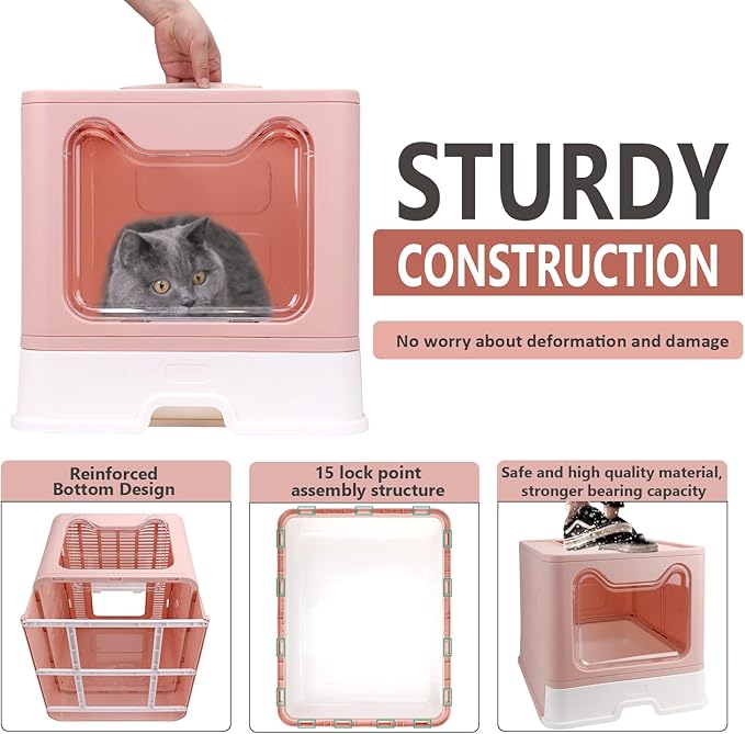 Foldable Cat Litter Box with Lid, Enclosed Potty, Large Top Entry Anti-Splashing Toilet, Easy to Clean Including Litter Scoop and 2-in-1 Cleaning Brush (Pink)-Mewly Pet
