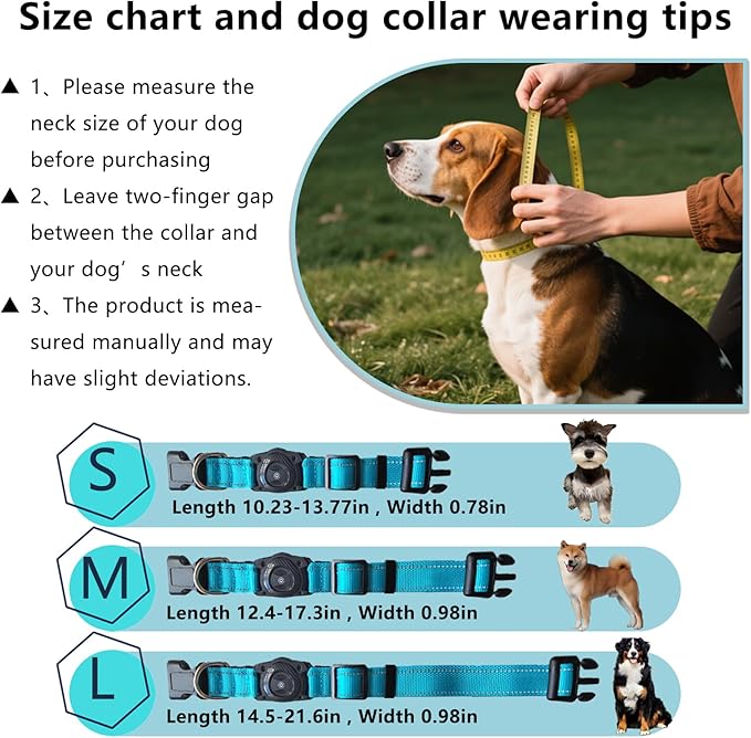 Air -Tag Dog Collar Waterproof Dog Air Tracker Chip for Apple Find My (iOS only) Reflective Strip Real Time Anti-Loss Tags Ultra-Durable GPS Pet Tracking Collar, Sky Blue M (12.4''-17.3'')-Mewly Pet