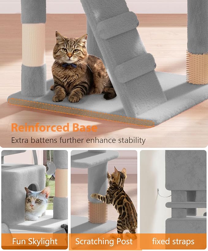 60'' Cat tree Tower for Indoor Cats Large Adult,Cute/Tall Modern Cat Tree for Big Cats 20 lbs,Plush Multi-Level Cat Condo with Scratching Posts,Dangling Ball for fun play(Light Gray, 60 inch)-Mewly Pet