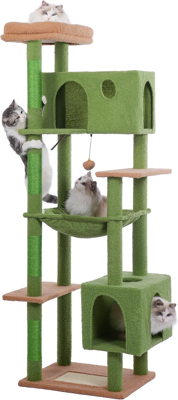 72” Cat Tree for Large Cats Big Cat Tower with Enlarged Hammock 21.6x17.7” Spacious Cats Condo House and Roomy Top Bed and Multiple Scratch Posts for Indoor Adult Cats (Green, XLarge-72)-Mewly Pet
