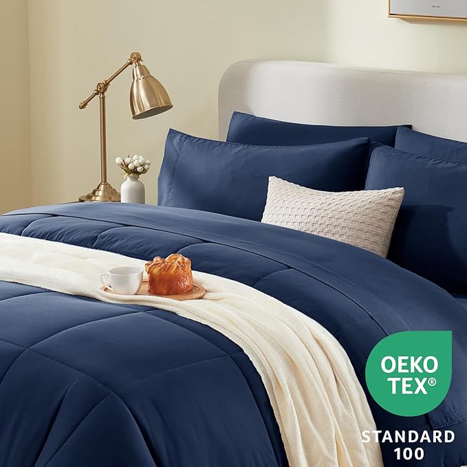 CozyLux Oversized Queen Comforter Sets Navy Blue, 7 Pieces Bed in a Bag, Ultra-Soft All Season Bedding Sets with Stitch Quilted Comforter, Flat Sheet, Fitted Sheet, Pillowcases, Navy Blue