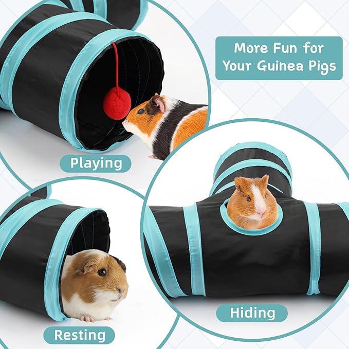 Rypet Guinea Pig Tunnel, 3 Way Collapsible Rabbit Tunnel, Small Pet Tunnels and Tubes with Interactive Ball for Rabbit Ferret Hamster Chinchilla Hedgehog Hiding and Resting-Mewly Pet