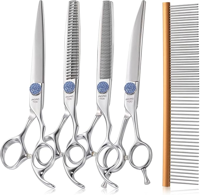 7.5'' Dog Grooming Scissors Set with Blue Diamond Adjustable Screws CNC 440C Stainless Steel Thinner Chunker Straight Curved Shears with Comb Sharp and Durable-Mewly Pet