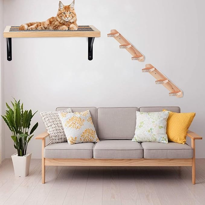 Handcrafted Wood Cat Perch & Shelves - Floating Shelf with Cat Hammock Seat, Lounge Bed, Climbing Steps for Relaxing, Playing and Scratching-Mewly Pet