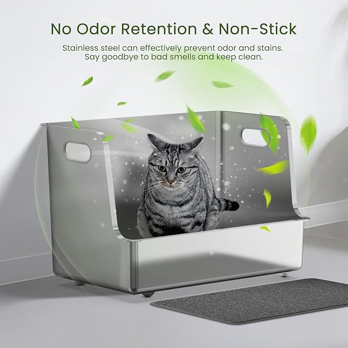 One-Piece Stainless Steel Litter Box, 14.5" High-Side XL Metal Cat Litter Box, Extra Wide Entry Pet Toilet, Cat Litter Station with Wheels, Easy to Move, Non-Stick, No Odor, for Big or Multiple Cats-Mewly Pet