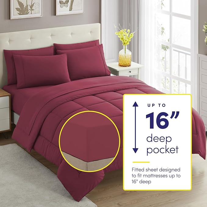 Sweet Home Collection 7 Piece Comforter Set Bag Solid Color All Season Soft Down Alternative Blanket & Luxurious Microfiber Bed Sheets, Burgundy, Twin