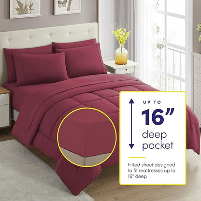 RV Short Queen Comforter Set for RV Camper - Comforter Set with Fitted & Flat Sheet, 4 Pillowcases - Tailored for RV Short Queen Beds - Cozy Essentials for Your RV Bedroom, Burgundy