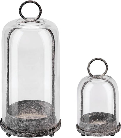 5" & 4" Wide Versatile Metal Candle Holder in Shabby Black with Handmade Thick & Sturdy Glass Dome Cover for Pillar Candle & Plants, Industrial, Farmhouse (2, Black Shabby, Large & Small)