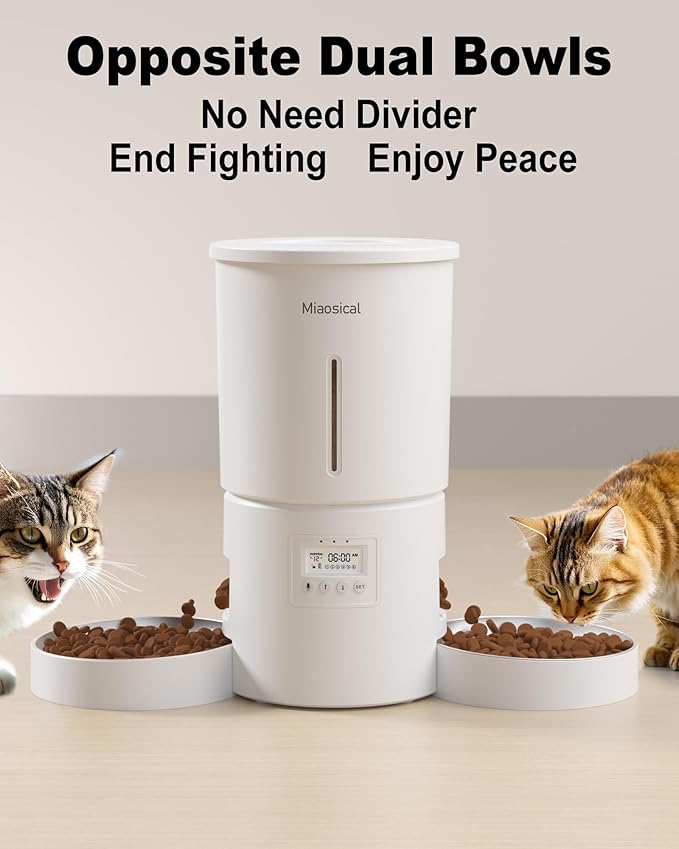 Dual Automatic Cat Feeder 2 Cats,6 Meals/Day,12 Portions/Meal,4.2L Dual Power Double Bowls Feeder,Dry Food Auto Pet Dispenser,10S Voice Record,Flexible Schedule Timer(White,Stainless Dual Bowls)-Mewly Pet